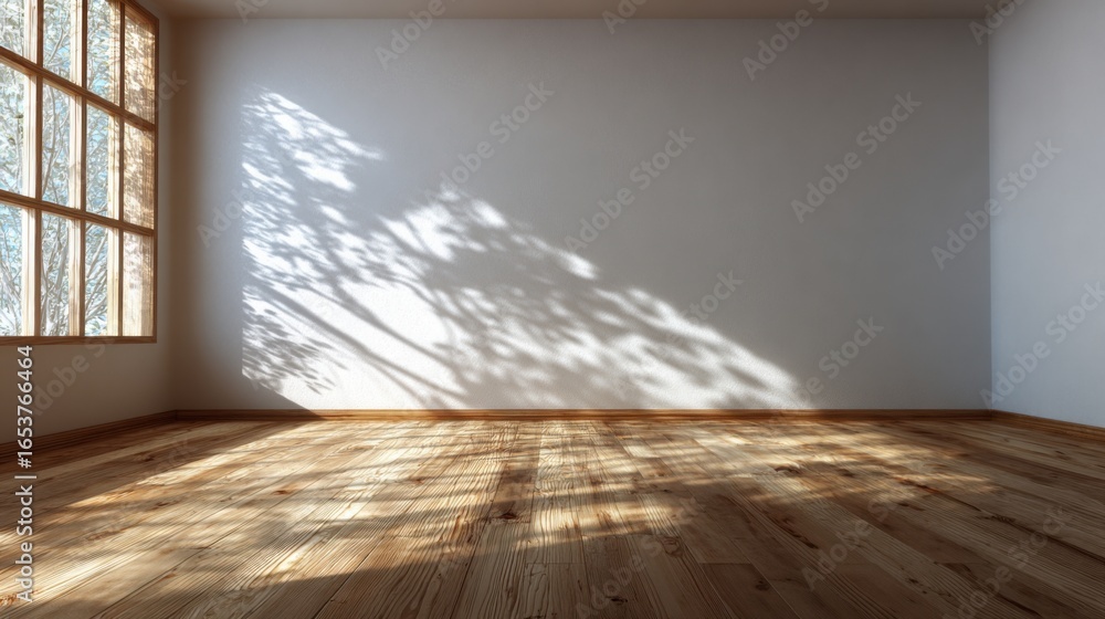 Poster sunlight shines through a large window, casting intricate shadow patterns on the wooden floor of a s