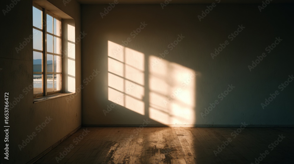 Poster bright morning light streams through a window, creating soft shadows on the bare wooden floor of an 