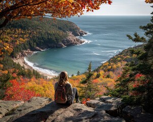 Maine Hike. Female Hiker Enjoying Scenic Water View from Beehive Trail in Acadia National Park during Autumn