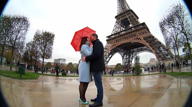 Romantic Couple Kissing Under Red Umbrella in Front of Eiffel Tower Paris, Woman in Blue Coat and Man in Dark Coat in Cloudy Day