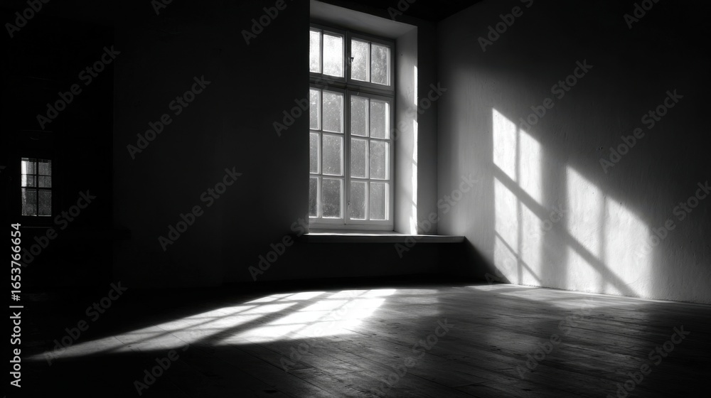 Poster sunlight filters through a large window, casting intricate shadows on the wooden floor of an empty r