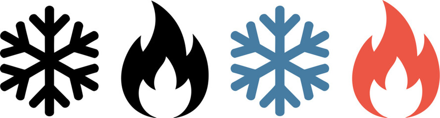Hot and cold weather icons fire and snowflake vector symbols