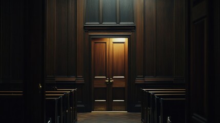 Illuminated wooden double doors in dark wood paneling interior