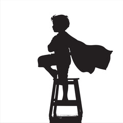 Black Silhouette of a Kid Striking a Hero Pose on Chair Wearing Cape – Vector Illustration