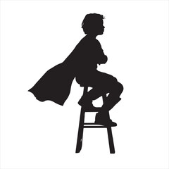 Child Superhero Silhouette on Chair with Cape in the Wind – Vector Illustration
