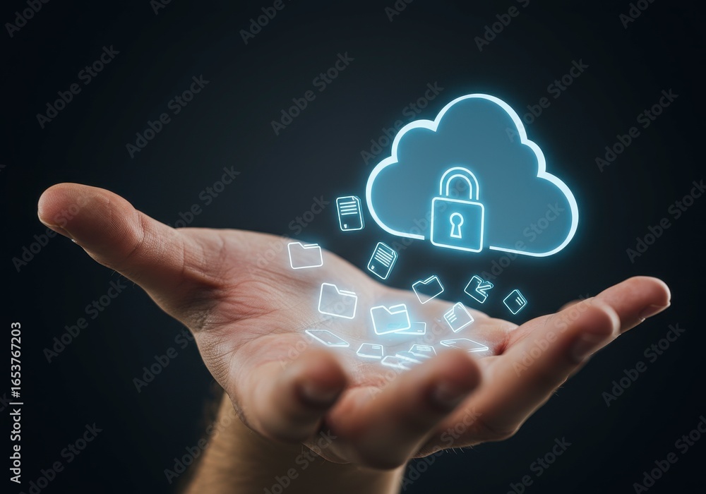 Poster x-default secure cloud data storage: hand holding digital files and cloud icon