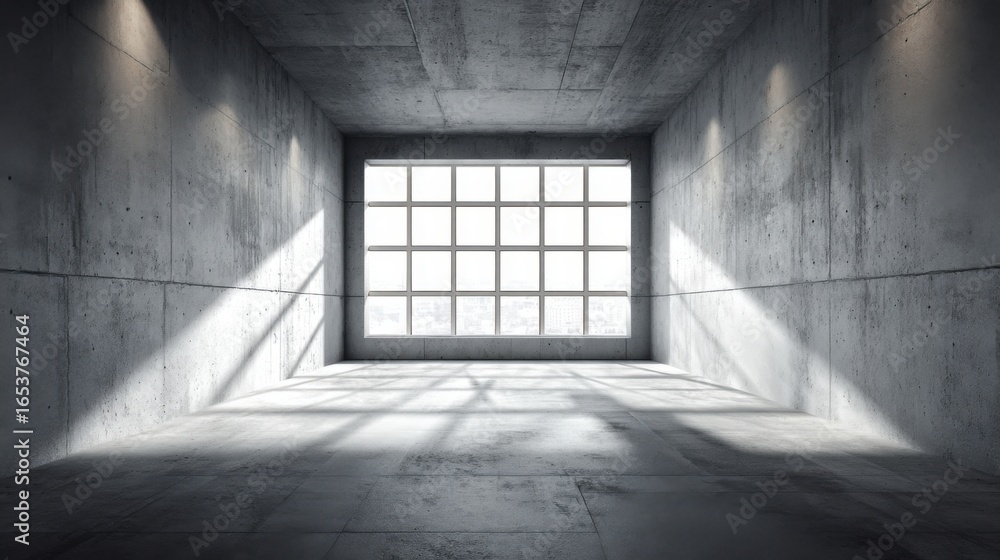 Poster a minimalistic interior features smooth concrete walls and a large window that lets in abundant natu