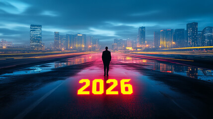 Road to 2026 with an empty road with written 2026 and person looking towards the horizon to represent the future and positivity and success of the new year 2026