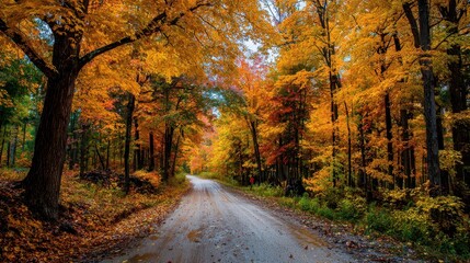 Obraz premium Michigan Rural. Colorful Autumn Trees at Peak Along Biking Trail in Forested Landscape
