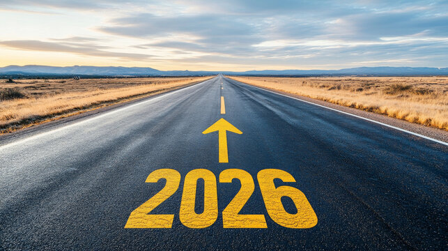 Road to 2026 with an empty road with written 2026 and arrow pointing towards the horizon to represent the future and positivity and success of the new year 2026