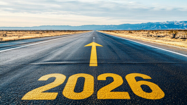 Road to 2026 with an empty road with written 2026 and arrow pointing towards the horizon to represent the future and positivity and success of the new year 2026