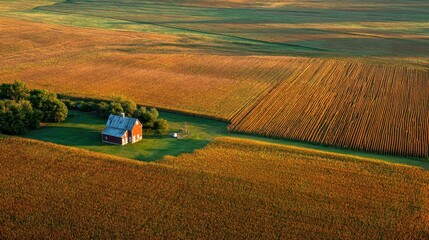 Midwestern Farm: Aerial View of Harvested Corn Field with Red Barn and Farmhouse in Early Morning Light