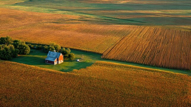 Midwestern Farm: Aerial View of Harvested Corn Field with Red Barn and Farmhouse in Early Morning Light