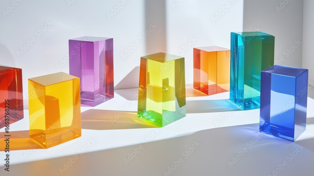 Poster Seven colorful translucent blocks arranged in minimalist studio