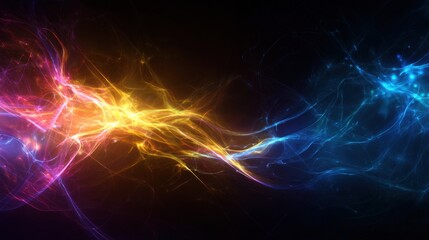 Colorful waves of light swirl together in a unique mixture, showcasing vibrant shades of orange, blue, and yellow. The artwork emanates energy, captivating viewers in a digital space.