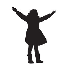 Silhouette of a Young Girl in Puffy Jacket with Outstretched Hands – Vector Illustration