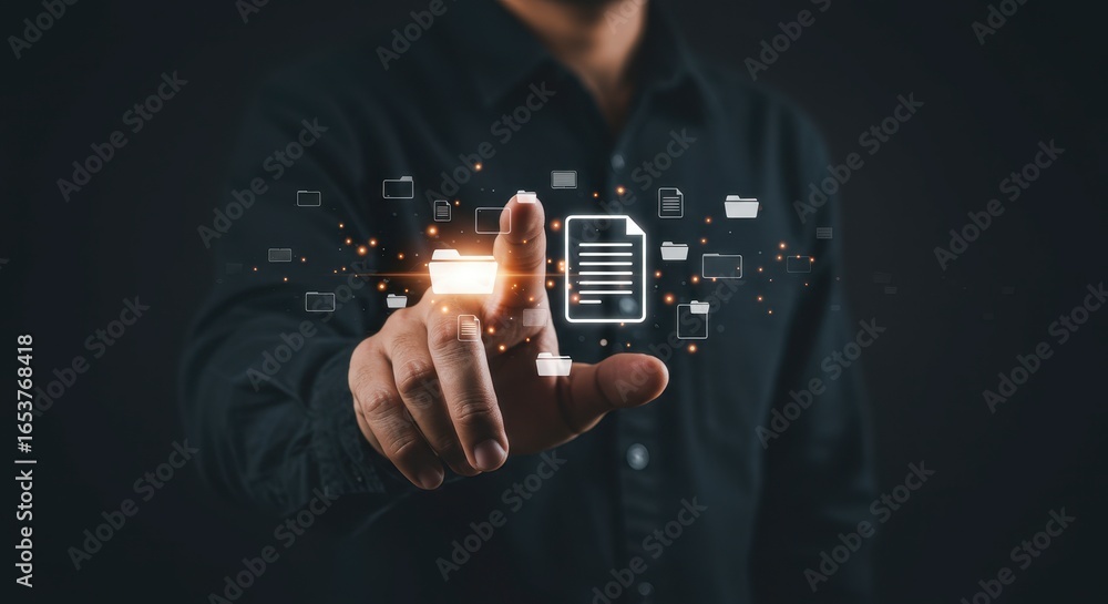 Poster x-default man touching digital document interface