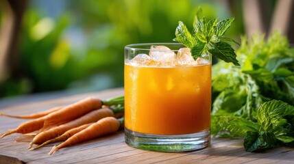 Fototapeta premium Carrot margarita cocktail on a background of fresh vegetables and greens, mint leaves on the edge of the glass, evening sun lighting 