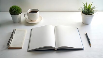 Detailed mockup magazine book on white table with blank pages and notepad in the foreground