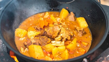 Hearty Meat and Vegetable Stew Simmering in a Cast Iron Pot Over an Open Campfire, Traditional Outdoor Cooking