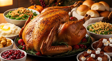traditional thanksgiving feast with roasted turkey and sides