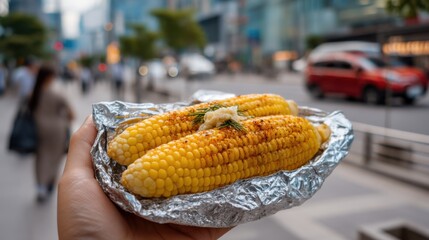 Close-up of a hand holding roasted corn in foil with butter and spices, on a city street background