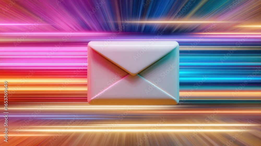 Poster a stylized envelope is depicted in a burst of colorful light, representing the essence of modern com