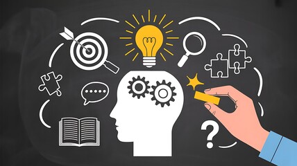 Brainstorming session with creative process and problem solving concept illustrated on chalkboard displaying lightbulb gear system and puzzles aiming for solutions