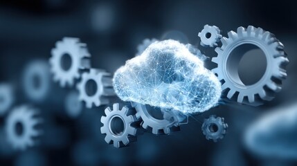 Visual representation of a digital cloud surrounded by interlinked gears, symbolizing the integration of technology, data processing, and efficiency in systems.