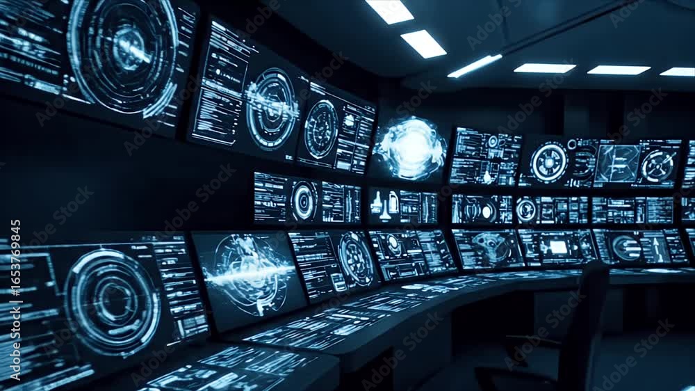 Poster futuristic data control room with multiple digital interface screens