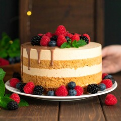 Elegant layered cake with fresh berries