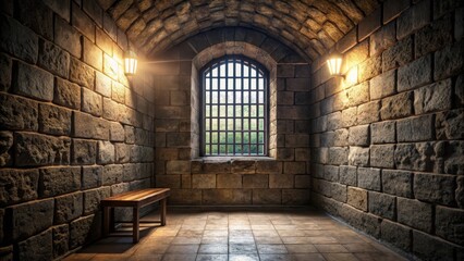 Dungeon cell with single barred window in dimly lit medieval chamber