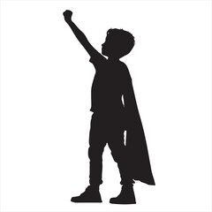 Silhouette of a Boy Cosplaying as a Superhero Striking a Heroic Pose – vector illustration © duwa