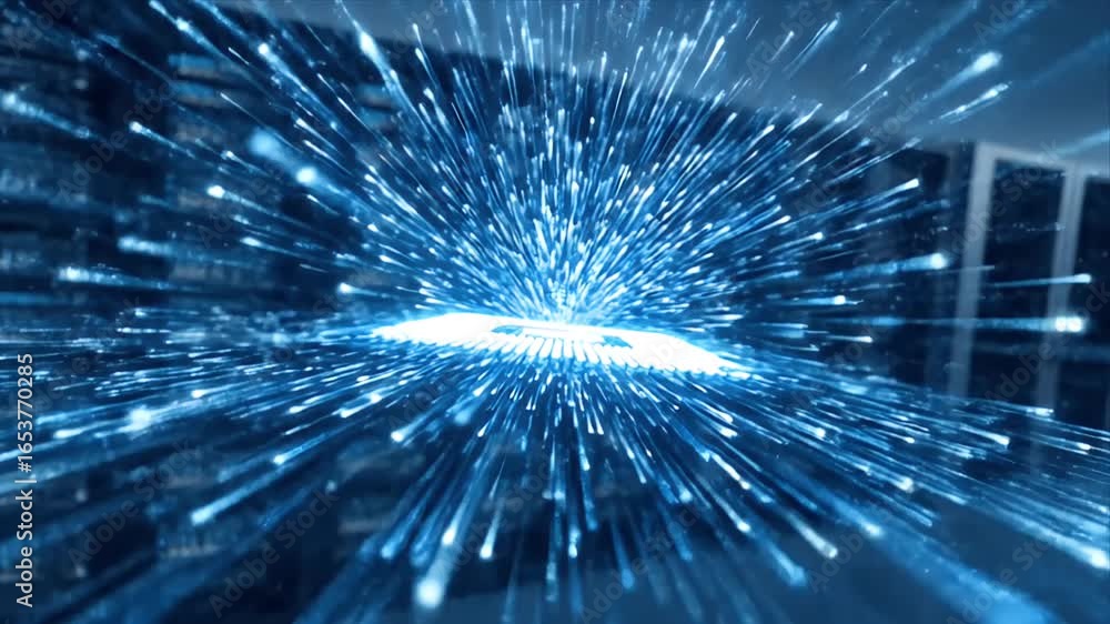 Poster abstract cpu processor chip radiating blue data in server room