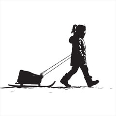 Naklejka premium Child Silhouette Wearing a Puffy Jacket Pulling a Snow Sled – Vector Illustration