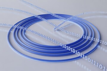 Blue fiber optic cable with binary code overlay