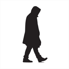 Black Silhouette of a Man in Cloak Walking Mysteriously from Side View – Vector Illustration