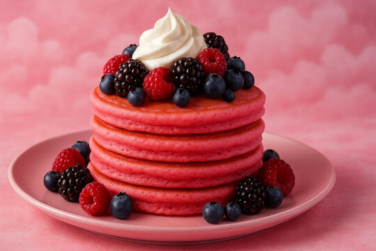 Dreamy Pink Pancakes with Whipped Cream and Mixed Berries – A Colorful National Pancake Day Delight