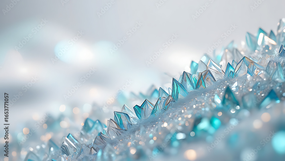 Poster close up macro view of sparkling blue and clear ice crystals forming a textured wave pattern against