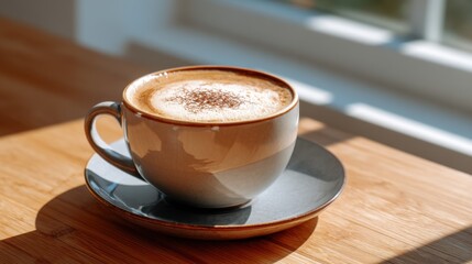 Coffee with brown milk foam in a beautiful cup on a wooden table, illuminated by the morning sun 