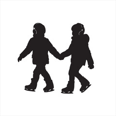 Black Silhouette of Children Walking Hand in Hand Wearing Ski Boots – Vector Illustration
