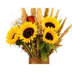 Obraz premium Vibrant bouquet of sunflowers and wheat ears creating a rustic and cheerful arrangement on a transparent background 