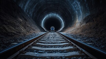 Dark and mysterious underground train tracks in tunnel