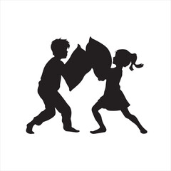Black Silhouette of Kids Having a Pillow Fight – Vector Illustration