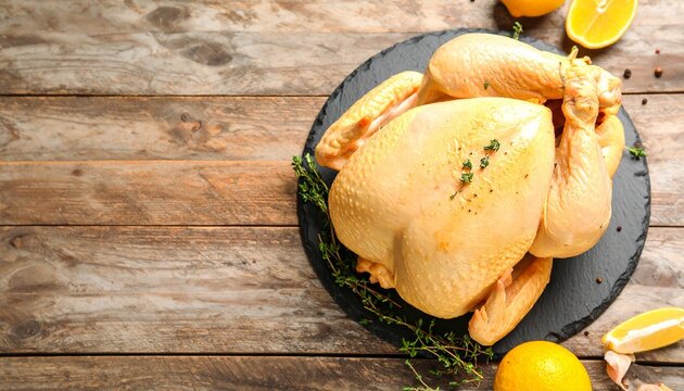 Delicious whole roasted chicken with golden crispy skin, seasoned with herbs and garnished with fresh thyme and lemon slices - Powered by Adobe