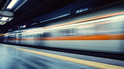 Fototapeta premium Fast-moving train at urban station during night
