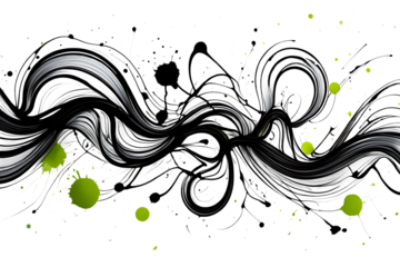 Abstract black and white ink splash with green spots and brush strokes
