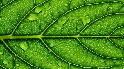 Vibrant green leaf detailed veins water droplets macro - Powered by Adobe