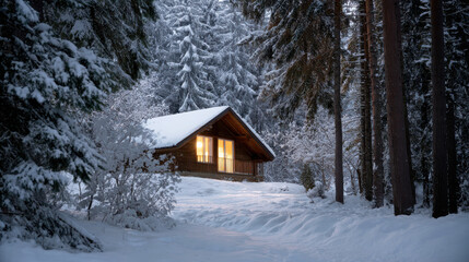 Cozy cabin nestled in snowy forest creates serene atmosphere during Christmas season, inviting warmth and joy