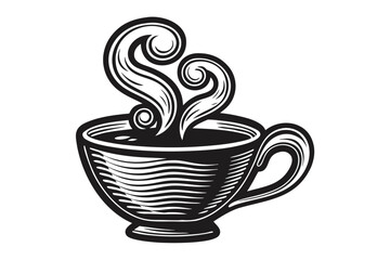 Black Cup With Steaming Aroma Art on a White Background